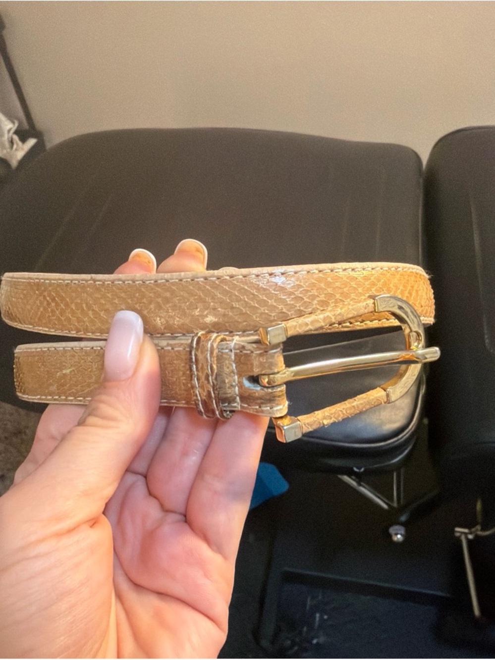 Tan Leather Textured Belt with Gold Buckle